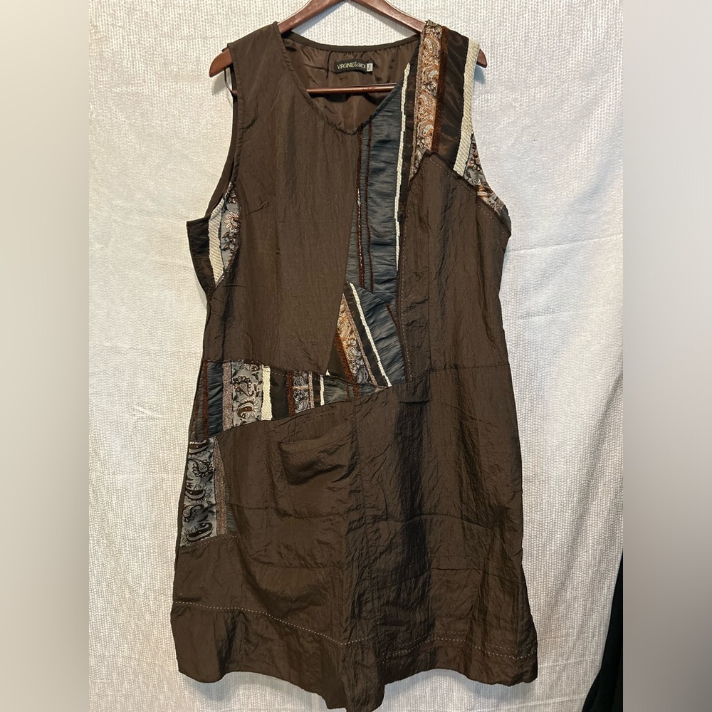 Virginie & Moi Brown Patchwork Embroidered Fall Sleeveless Dress XXL (T52)